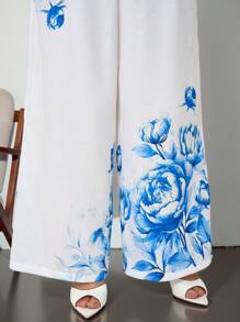 Chikora Plus Size Women Elegant Placement Blue And White Printed Jumpsuit,Ommuting And Pairing With Summer Clothes, Graduation Outfit,Ruffle,Work Outfits For Women - Blue and White - View 7