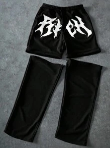 Manfinity EMRG Men's Letter Embossed Zip Off Convertible Long Pants To Shorts, Black Sweatpants - Black - View 6