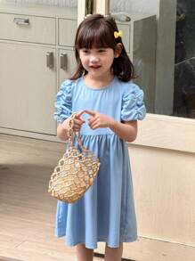 SHEIN Young Girls Floral Petal Sleeve Round Neck Princess Dress - Blue - View 5