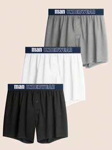 Manfinity Underwear&Sleepwear Basics 3 أزواج من بنطلونات الرجال اللون الأحادي قطع ملونة مطبوع عليها رسائل للإرتداء المنزلي الكاجوال