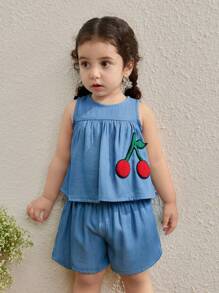 Blossori Baby Girls Countryside Style Cherry Pattern Sleeveless Top And Shorts Set - Blue - View 3