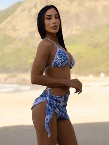Carolina Barros Bộ đồ bơi cho nữ đi biển mùa hè 3 món/bộ Bikini in họa tiết ngẫu nhiên cho nữ - Xanh và trắng - Xem 3