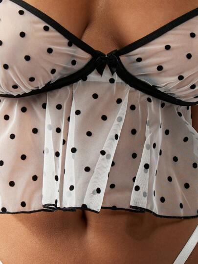 MISSGUIDED Polka Dot Mesh Underwear Babydoll Lingerie String Set Bridal Boudoir Adjustable Straps Holiday view 3