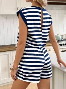 SHEIN Pregnant Women Summer Casual Striped Sleeveless Romper - Blue and White - View 2