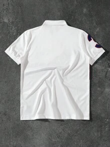 Aesthetic Post--Men's Stripe & Letter Print Short Sleeve Polo Shirt, Summer Men Usa Shirts Men Patriotic Shirts Flag Shirt Men July 4th Shirt Boston Polo Shirt - Multicolor - View 2