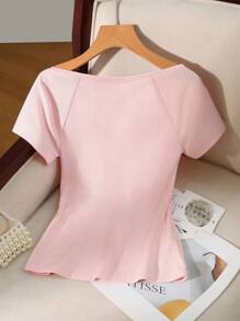 Regalyn Große Größen süßes und warmes rosa Kurzarm T-Shirt mit Knöpfen vorne und Rippstrick