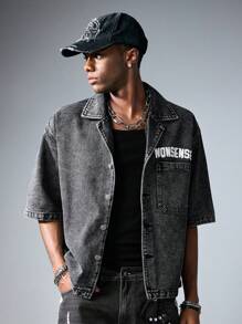 ROMWE MEN Street Life Men's Casual Washed Cartoon Print Denim Jacket - Black - View 7