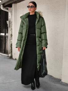 CLARA VERO Casual Style, Premium Quality, Fur Detailed Long Line Bonded Winter Coat - Khaki - View 7