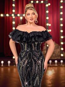 Glamrae Plus Size Elegant Romantic Black Off-Shoulder Organza Ruffle Splice Luxury Sequins Mermaid Hem Dress, Suitable For Party, Ceremony, Awards Show, Gala Events, Formal Evening Gown - Black - View 2