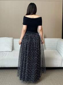 Flirla 加大码女式花卉渐变色网眼多层中长 A 字裙，柔软飘逸 - 黑色 - 查看 5