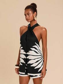 Travachic Black N White Plant Print Camisole And Mini Shorts Set,Summer Casual Holiday Vacation Holiday Halter Jumpsuit Romper,Boho Beach Outfits For Women - Black and White - View 5