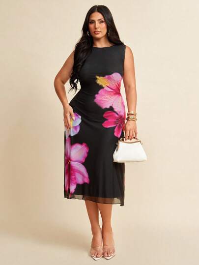 SHEIN BAE Plus Size Women Spring Summer Black Mesh Elegant Mid-Length Bodycon A-Line Knit Dress, Graduation Outfit, Club Outfits Women Sexy, Spring Outfits For Women, Summer Clothes, Holiday Night Outfits, Birthday Women Outfits, Vacation Outfits Women,Concert, Y2k Clothes, Easter Clothes, Ladies Nighties, Party Women Outfits, Spring Outfits For Women, Summer Outfits, Vacation Outfits Woman,4th Of July Women,Y2k Clothes Women,Summer Outfits For Women ,Plus Size Summer Clothes,Concert Outfit,Elegant Women,Wedding Guest Dress Curve