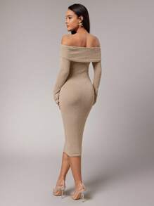 Silquee Women's Solid Color Off Shoulder Fitted Elegant Long Sleeve Sweater Dress,Fall Women Clothes, , Beige Dress Women, Tan Dress Women, Off The Shoulder Dress, Long Sleeve Midi Dress,Street Dress, Prom Dress,Airport Outfit For Women,Nude Dress