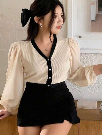 Dazy Plus 大码撞色拼接灯笼袖V领修身优雅长袖衬衫秋季