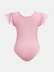 SHEIN 2 piezas Conjunto deportivo de moda para niñas, body de punto de unicolor negro y rosa, maillot gimnástico de estampado elástico, cómodo y suave