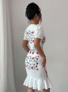 Rafferiza Đầm midi cổ vuông in hoa tay ngắn cho nữ, thanh lịch mùa hè - trắng - Xem 2