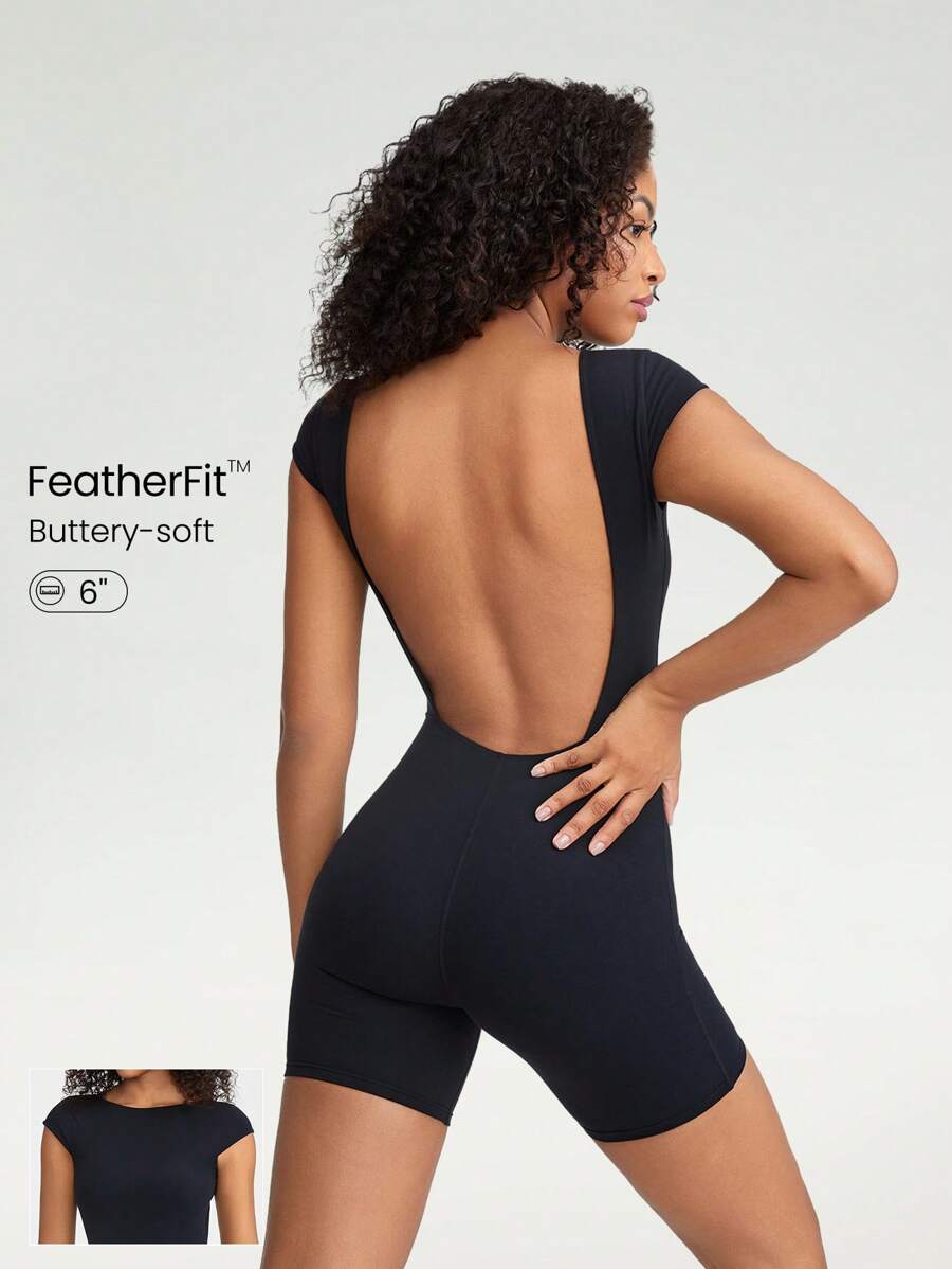 GLOWMODE 6" FeatherFit™ Backless Full Coverage Sports Romper Low Impact Yoga Daily - Black - View 1