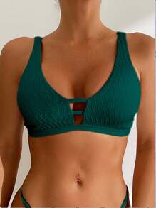 Swim Basics Women's Simple V-Neck Solid Color Textured Bikini Top, Summer