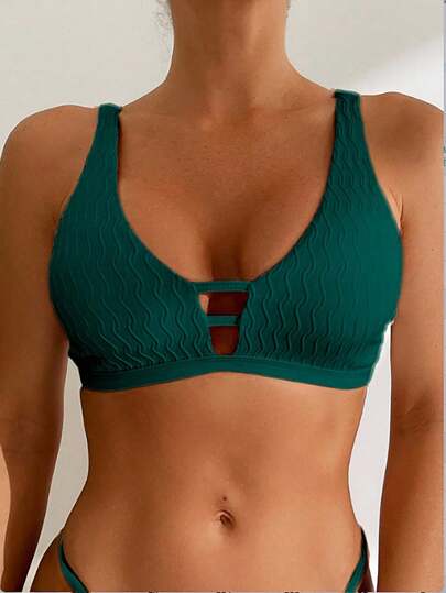 Swim Basics Women's Simple V-Neck Solid Color Textured Bikini Top, Summer