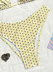 Swim Mod 2026 Spring/Summer Women's Spaghetti Strap Halter Neck Yellow Base Gray Polka Dot Random Print Sweet Cute Side High Cut Swim Shorts 2-Piece Bikini Swimsuit - Multicolor - View 5