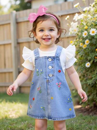 SHEIN Playful Pals 女寶寶夏季套裝，荷葉邊袖子上衣配上花朵刺繡背帶裙