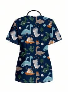 PopScrub Casual Minimalist Cartoon Dinosaur Print Scrub Top - Multicolor - View 2