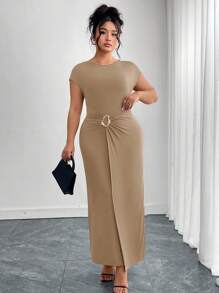 Ellevyn 大码女式优雅圆领长袖金属扣扭腰连衣裙，适合工作/休闲穿着