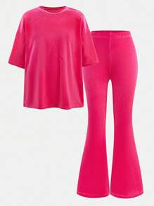 青少年女孩休闲超大蝙蝠袖圆领T恤和喇叭裤天鹅绒套装，玫瑰红色 - 玫紅色 - 查看 7