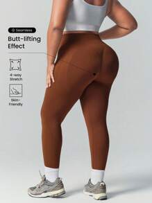SHEIN Sports Plus Size Women Solid High Waist Skinny Seamless Slimming Sports Leggings - Mocha Brown - View 2