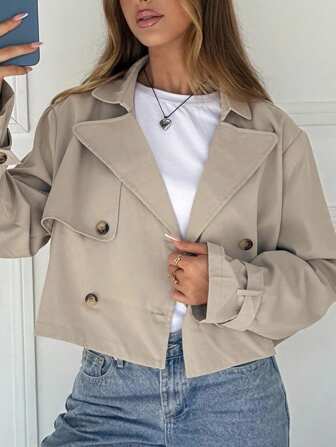 Muchica Chaqueta corta de doble botonadura de unicolor albaricoque para mujer en otoño/invierno