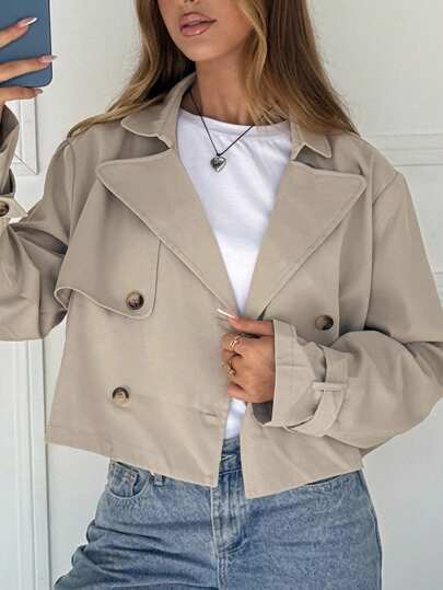 SHEIN EZwear Women's Apricot Solid Color Double-Breasted Cropped Jacket In Fall/Winter