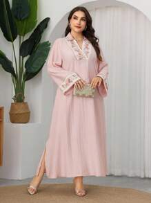 Al Najma Floral Embroidered Collar Flare Sleeve Slimming Dress, Spring/Summer - Pink - View 7
