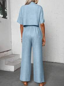 SHEIN PETITE 2pcs/Set Women's Casual Solid Color Shirt And Pants Set, Vacation Style - Baby Blue - View 2
