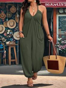 EMERY ROSE Plus Size Army Green Textured Fabric V-Neck Pocket Drawstring Jumpsuit,Women's Summer Boho Vacation Holiday Casual Homewear Halter Sleeveless Jumpsuit - Army Green - View 6