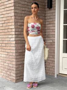 Rafferiza Saia plissada texturizada minimalista de cor sólida feminina - Branco - Ver 5