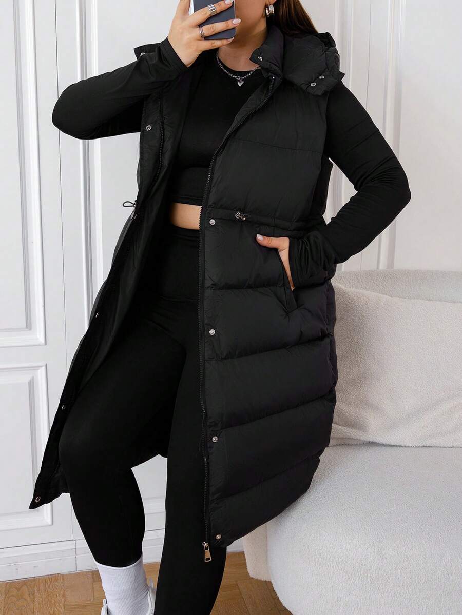 SHEIN EZwear Plus Size Long Hooded Black Winter Vest Jacket - Black - View 1