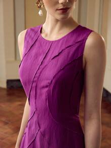 ZEYLAH 女士时尚浪漫圆领无袖亚麻结构连衣裙 - 紫色 - 查看 2