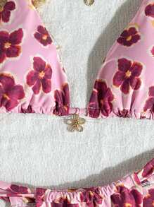 Swim Mod Women Pink Floral Print Bikini Set, 2pcs Beach Swimsuit