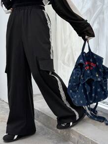 Dazy Kids 女童碎花长裤，白色条纹，休闲街头风格，夏季新品 - 黑色 - 查看 3