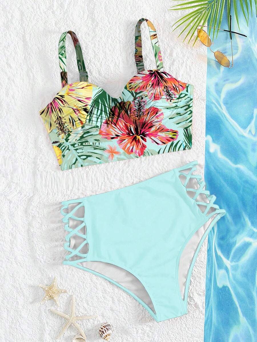 SHEIN Swim 女款夏季海灘熱帶植物印花性感比基尼泳衣套裝 (印花隨機),附鋼圈墊高胸部 - 淺藍色 - 查看 1
