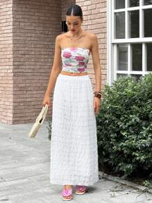 Rafferiza Saia plissada texturizada minimalista de cor sólida feminina - Branco - Ver 4