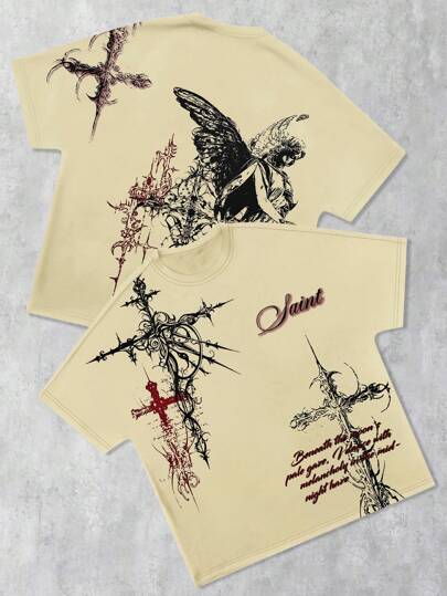 Goth Men's Bat Wing Cross Print Short Sleeve T-Shirt, Halloween