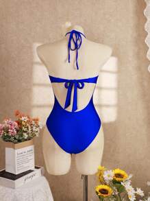Swim Vcay Women's Summer Vacation Sexy Halter Backless One-Piece Swimsuit With Drawstring, Shiny Fabric And Beaded Decor - Royal Blue - View 5