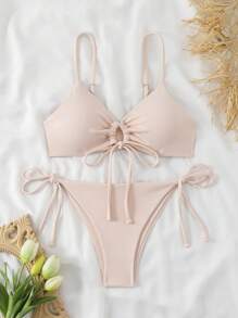 SHEIN Swim 纯色细肩带无线吊带背心上衣和侧系带丁字裤比基尼泳装套装