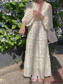 DAZY Damen lang Blümchen Laternärmel Taillenzugband Patchwork Farbblock süßes Boho Urlaubs Kleid