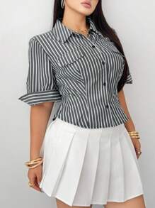 POPSWAY 全新优雅时尚休闲百搭学院风时尚条纹元素七分袖修身衬衫女式上衣 - 黑與白 - 查看 7