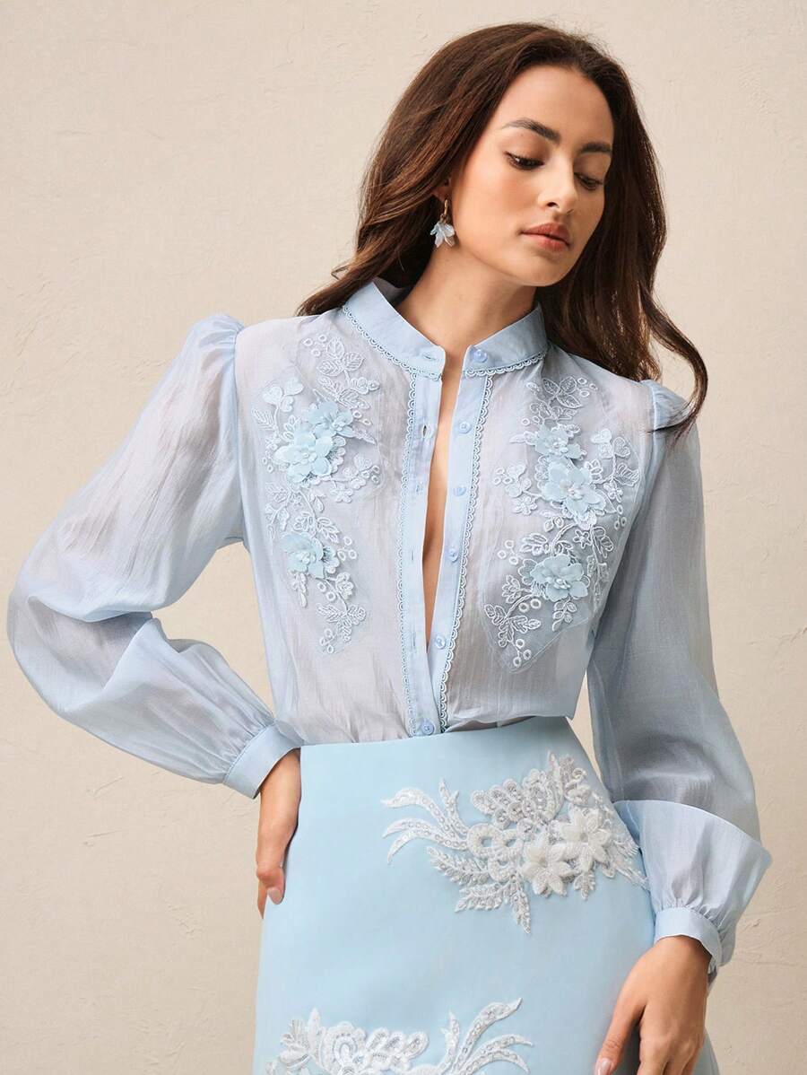 Anewsta Áo sơ mi dài tay một hàng khuy thêu hoa thanh lịch dành cho nữ - Màu xanh lam - Xem 1