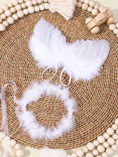 SHEIN Alas de ángel con diadema a juego como accesorios para sesión de fotos de bebé recién nacido niña