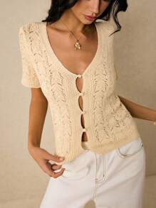 Poéselle Women Solid Color Short Sleeve Single-Breasted Hollow-Out Knit Cardigan - Apricot - View 5