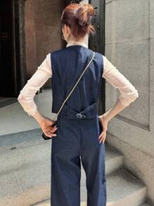 FRIFUL 女士单扣牛仔背心和阔腿裤休闲牛仔套装 - 深色水洗藍 - 查看 5